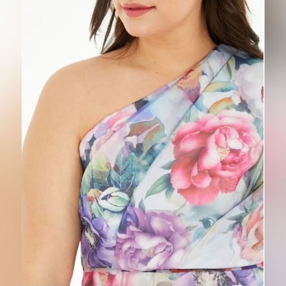 Adrianna Papell One Shoulder Ivory Sheer Floral Print Dress - Picture 4 of 4